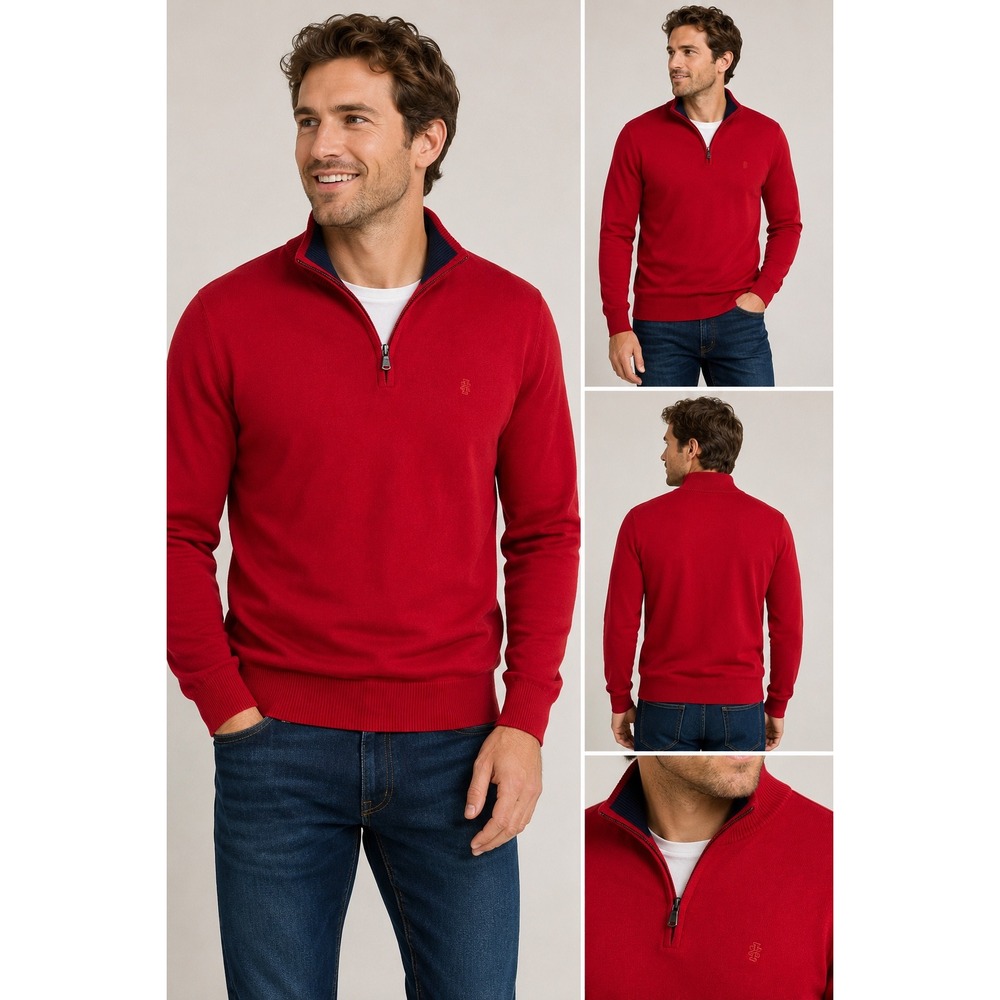IZOD Red Quarter Zip 100% Cotton Sweater Pullover Mock Neck Men's M Country Club - Picture 2 of 8